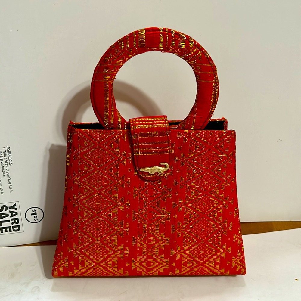 Chic Elegant Red Fabric Mini Bag Embossed with Metallic Gold Designs. Preowned